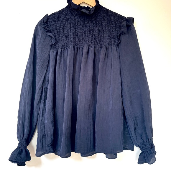French Connection Boza Crinkle Smocked Ruffle Neck Blouse Utility Blue - Picture 3 of 6